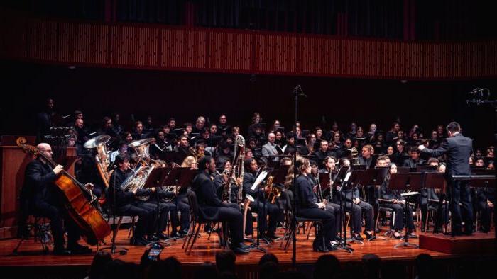 A music ensemble being led by a conductor during a concert.